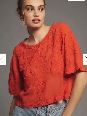 ANTHROPOLOGIE Sheer Embroidered Boxy Top Bright Orange Size XS